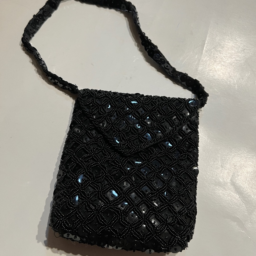 VTG Black Satin Beaded Evening Bag Purse Snap Closure Tag Star Brand Hong Kong